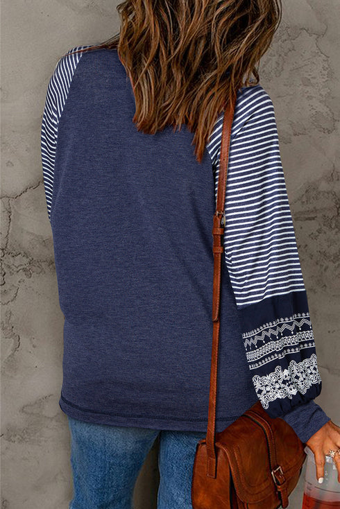 Contrast Print Striped Raglan Crew Neck Loose Long Sleeve Top
